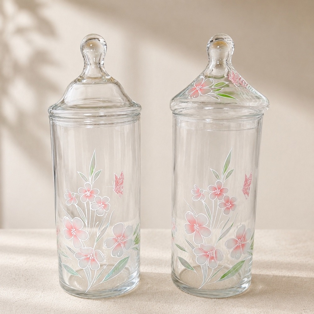 Vtg Crystal Clear Industries Glass Apothecary Jars Set 2 Hand Painted Floral 11"